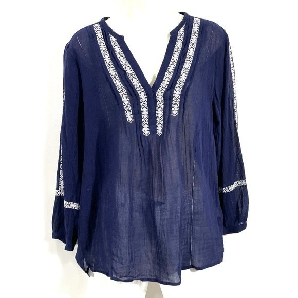 PAIGE Tess Navy Embroidered Long Sleeve Top Evening Blue - Picture 2 of 11
